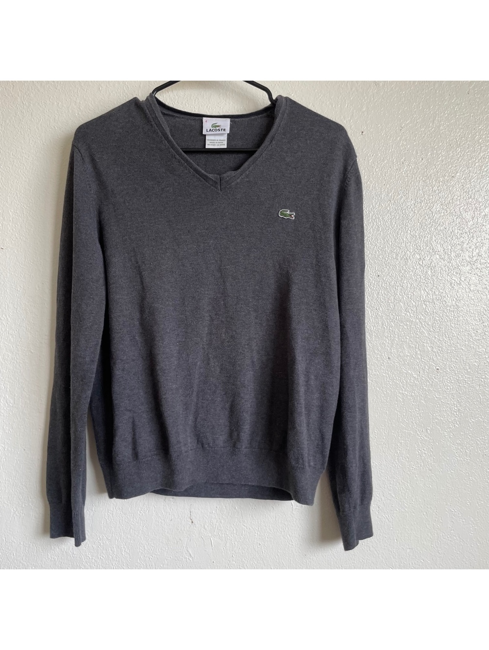 Lacoste Charcoal Gray V-Neck academia  Cotton Sweater Size 4 medium